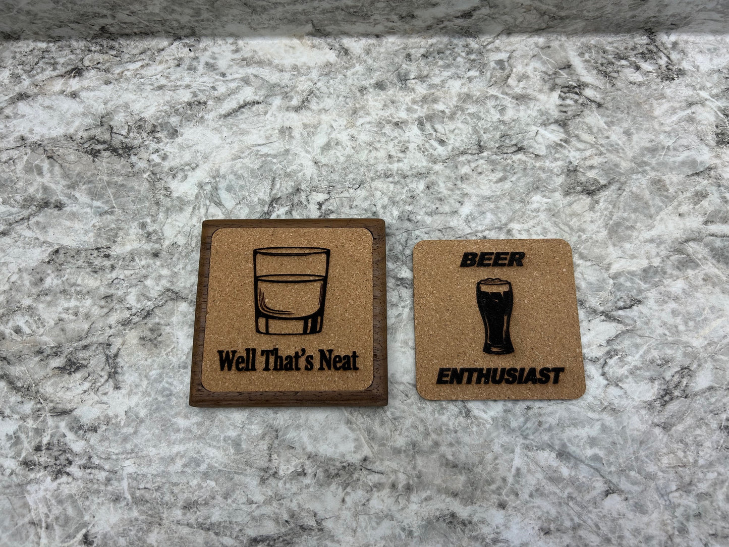 Interchangeable walnut and cork coasters