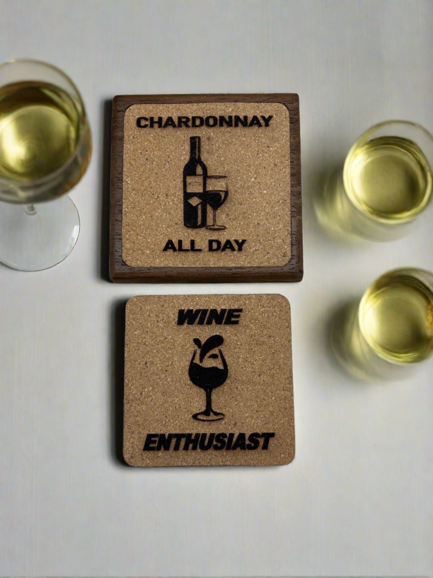Interchangeable walnut and cork coasters