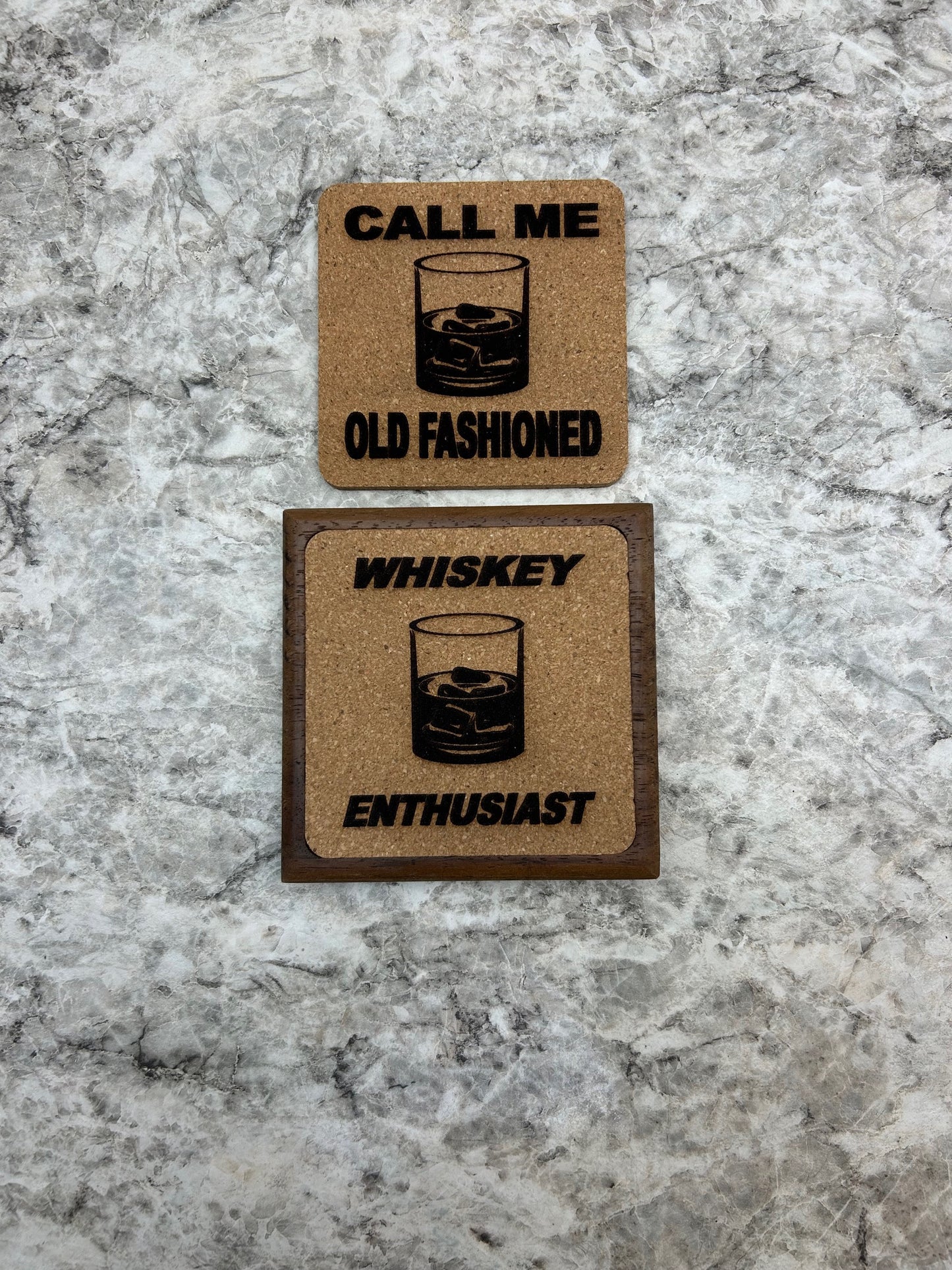 Interchangeable walnut and cork coasters